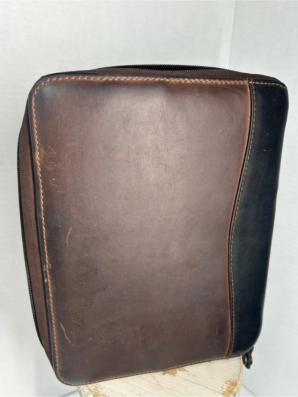 Franklin Covey Vintage Brown Leather Zip Portfolio Planner Binder Organizer 1995